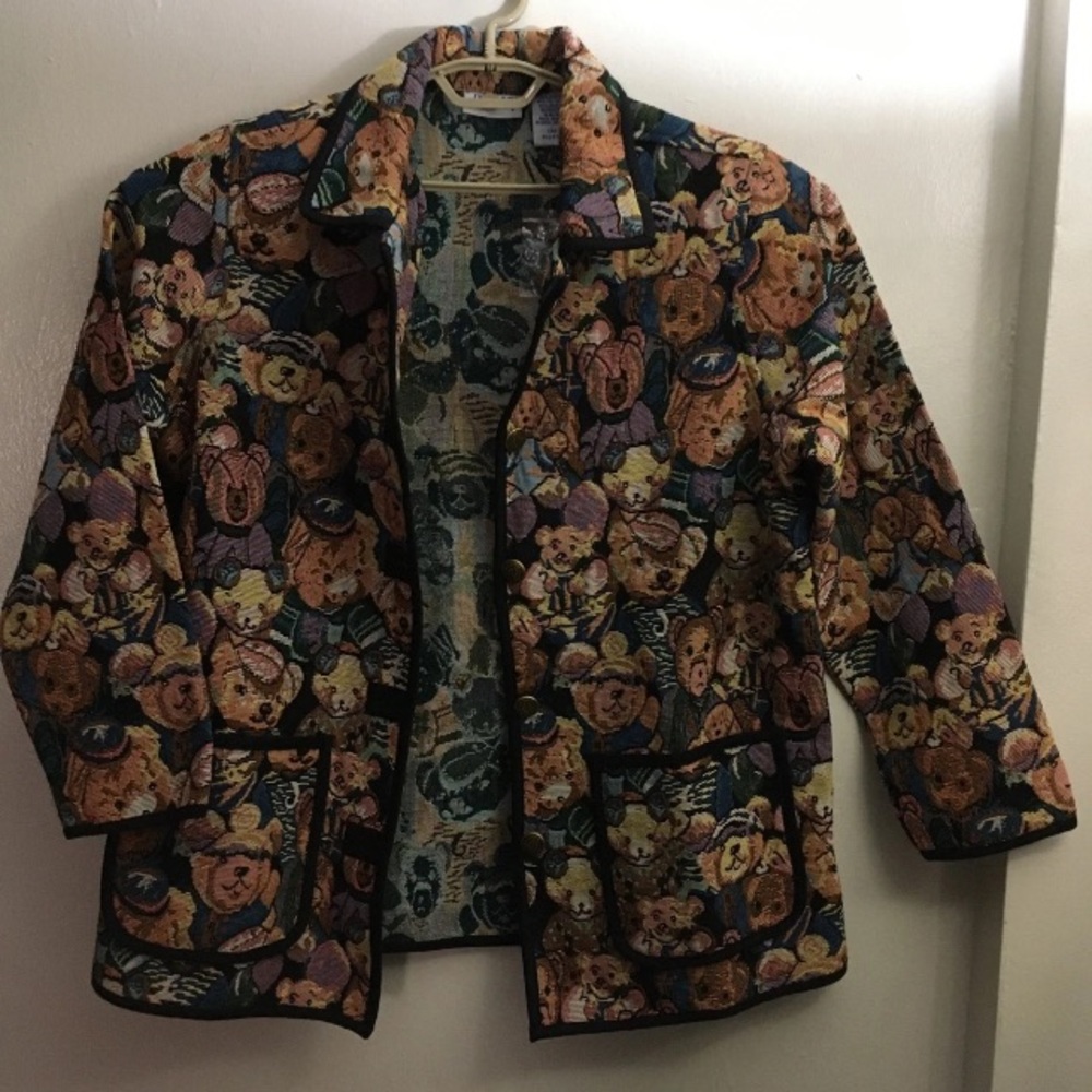 BLAIR Women’s Tapestry Teddy Bear All Over Print Jacket Large Cotton/Polyester